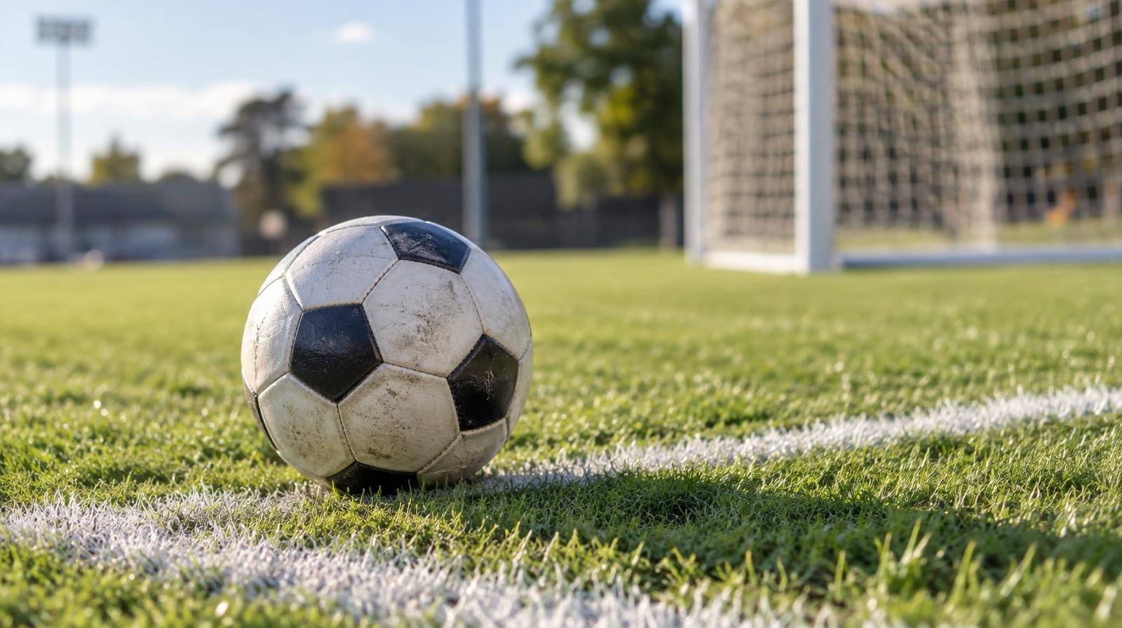 A soccer ball resting on green grass near a corner arc with a goal net in the background.
