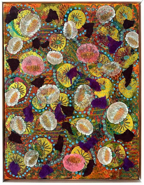 Framed abstract painting with overlapping circles in yellow, pink, teal, and purple on an orange-red background.