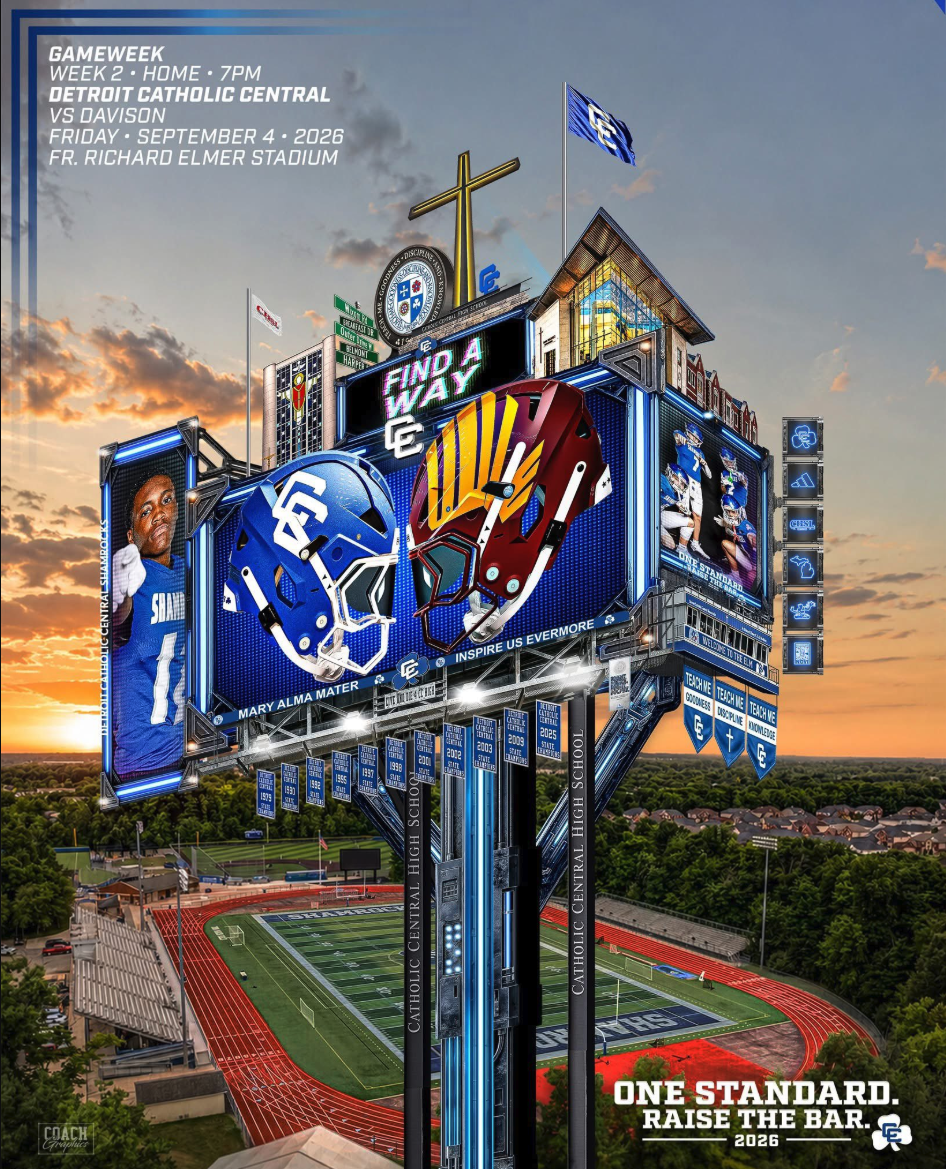 A digital gameweek graphic from Detroit Catholic Central football promotes the Sept. 4, 2026 home game against Davison at Fr. Richard Elmer Stadium, showing Catholic Central and Davison helmets on a stylized stadium marquee.