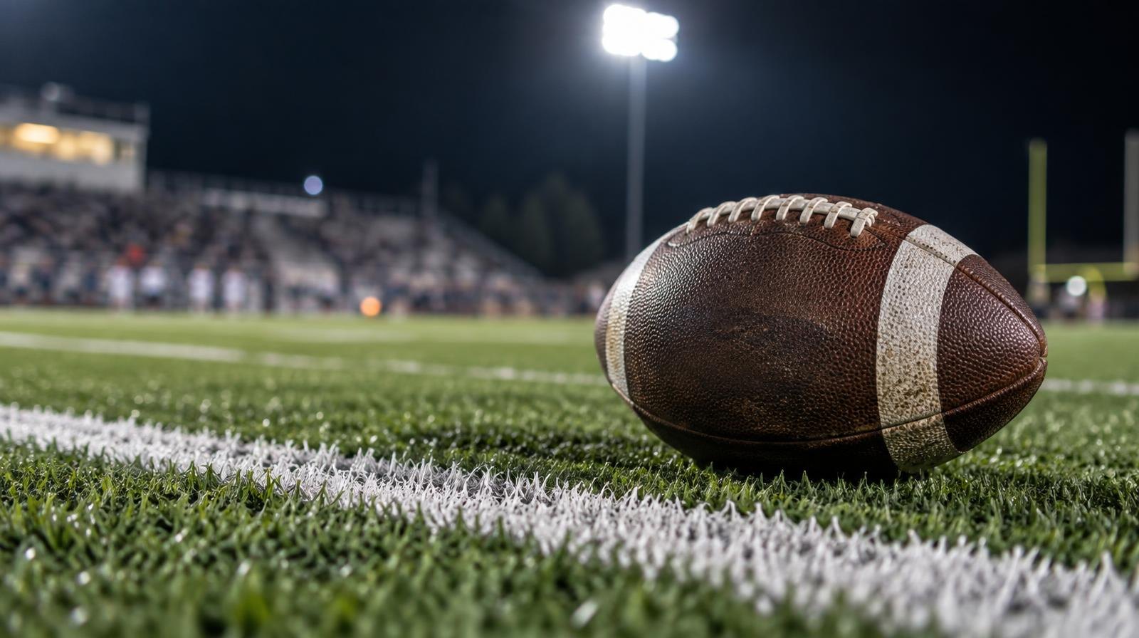 An American football resting on green artificial turf beside a white yard line.