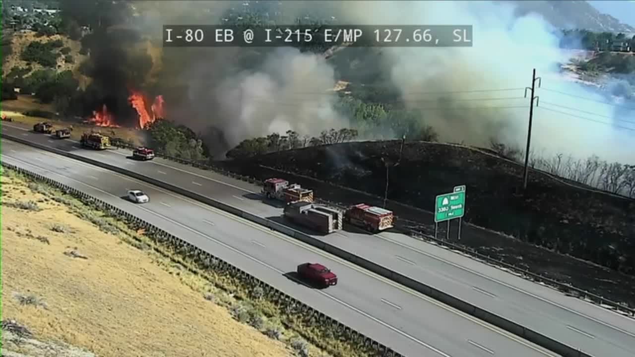 Grass fire burning on a hillside next to a freeway, with fire trucks on the shoulder and heavy smoke rising.