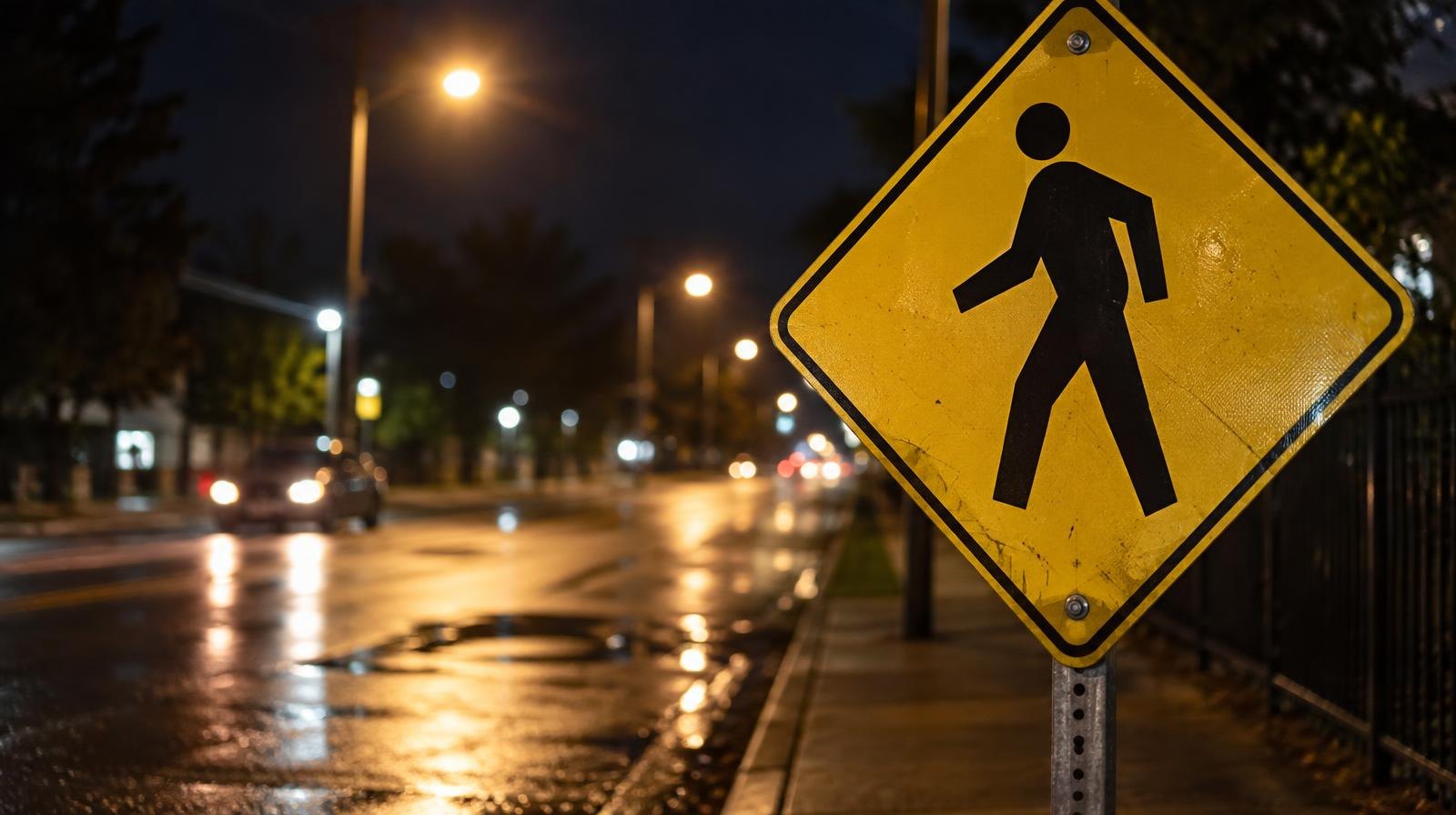 Yellow pedestrian crossing sign beside a wet road lit by streetlights at night.