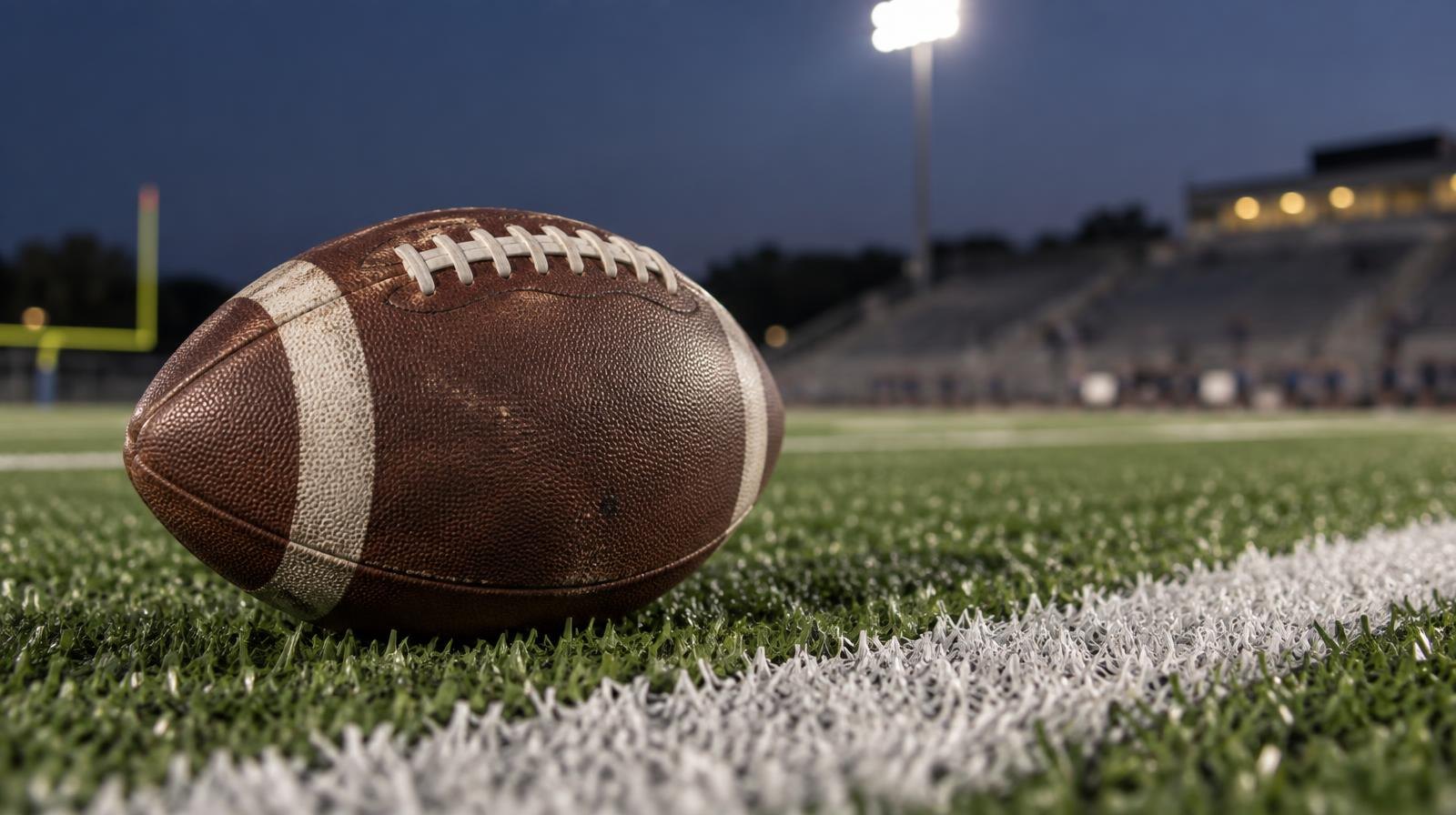 An American football on green artificial turf beside a white yard line.