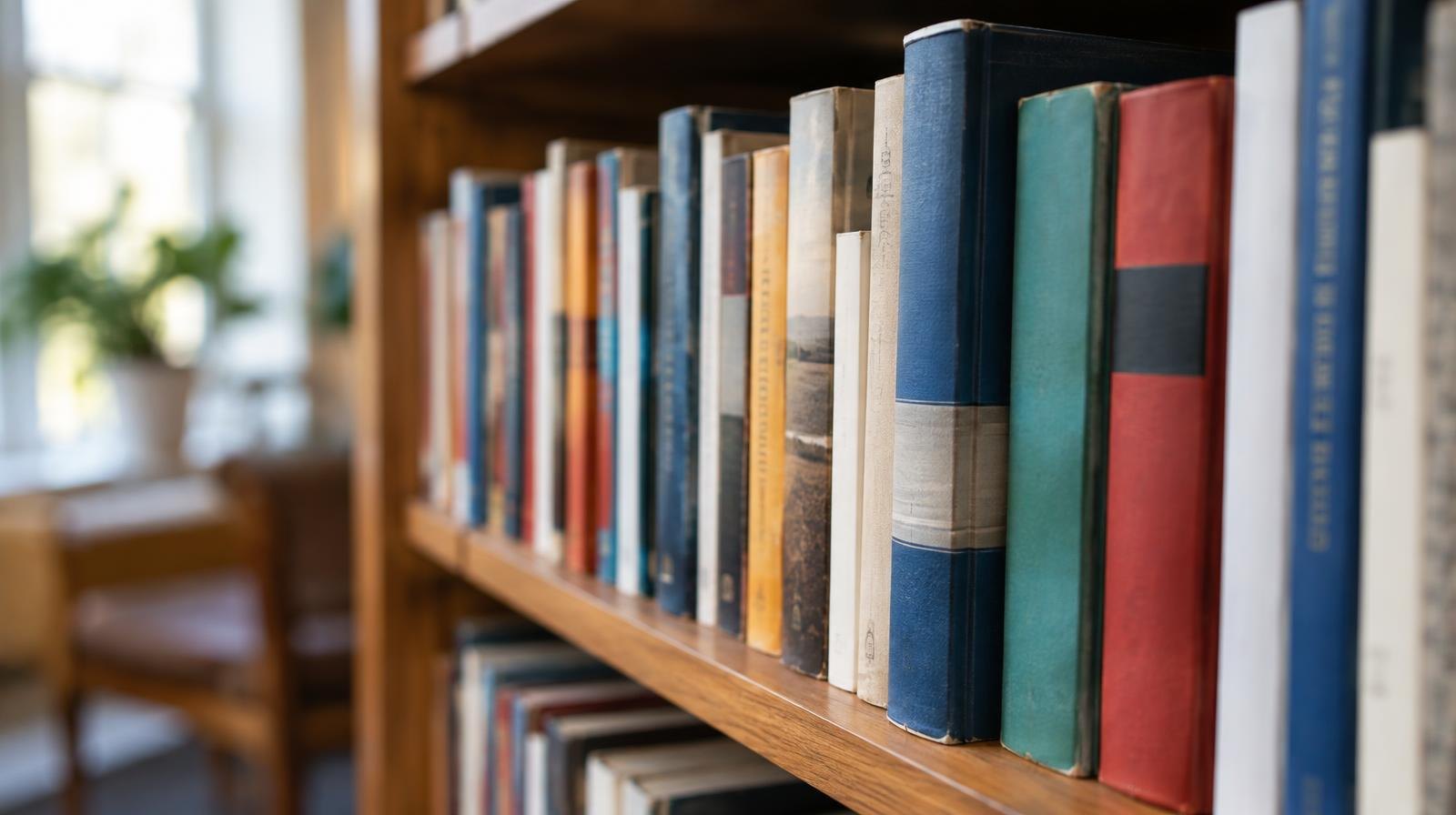 Colorful hardcover and paperback books lined up on a wooden library shelf.