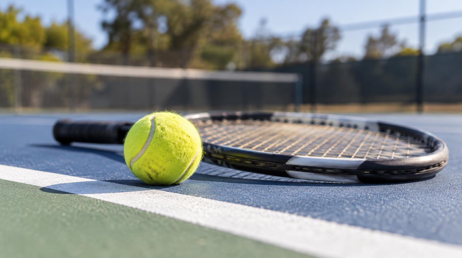 A yellow tennis ball and racket resting on a painted outdoor hard court baseline.