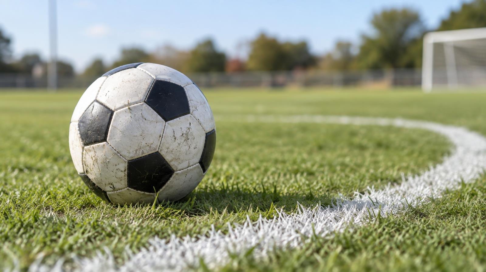 A soccer ball resting on green grass near a white painted penalty arc.