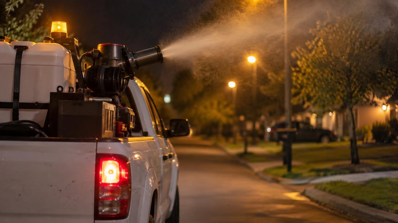 A truck spraying a fine mist of insecticide along a dark suburban street at night.
