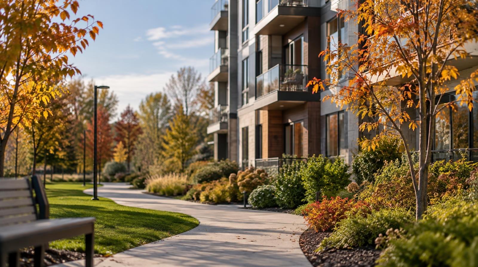 Modern apartment building with large windows beside a paved walking trail.