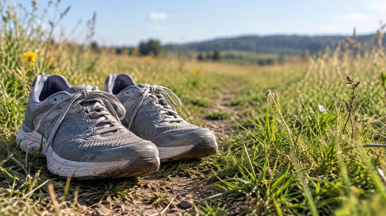 A pair of running shoes on a grassy trail with a prairie meadow behind.