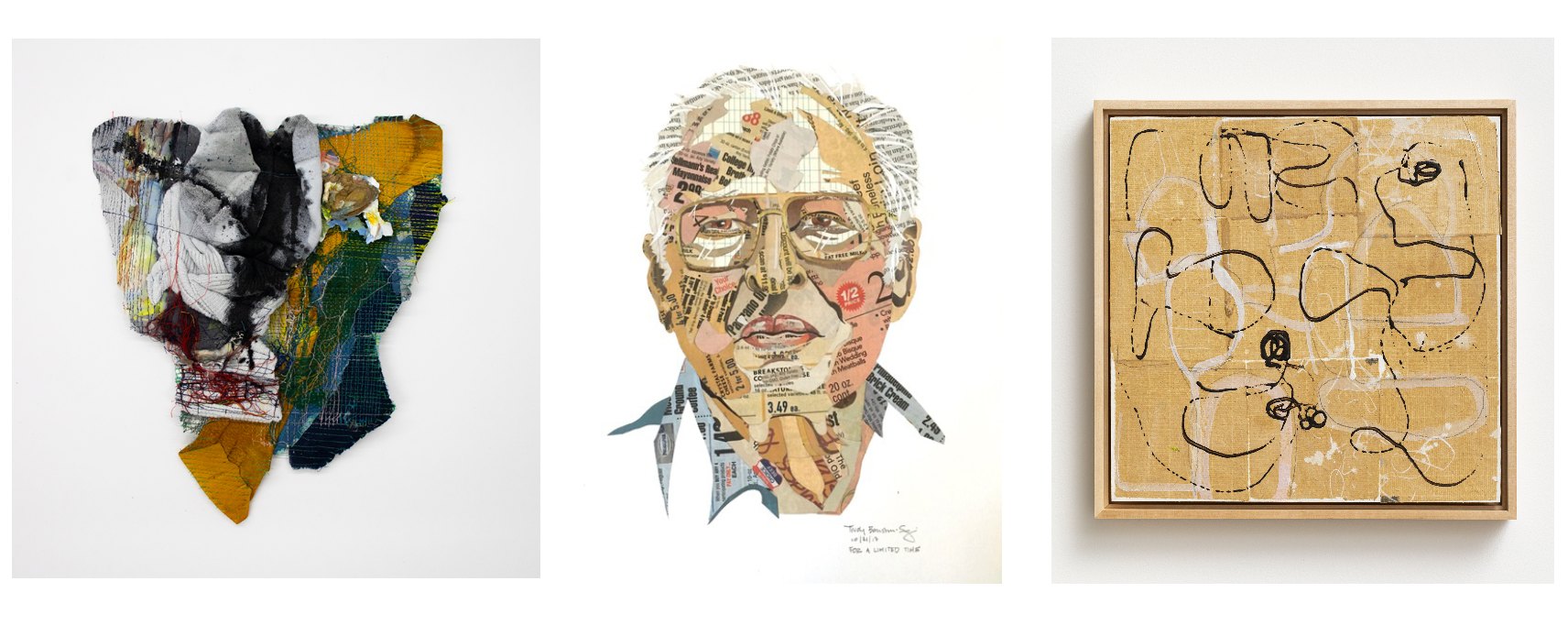 Three mixed-media artworks displayed side by side, including a collage, a newspaper-clipping portrait, and an abstract painting.
