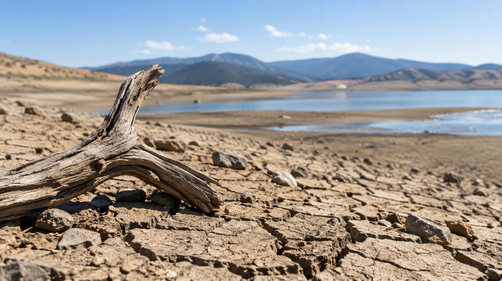 Cracked dry lakebed with shallow water visible in the distance under a bright sky.