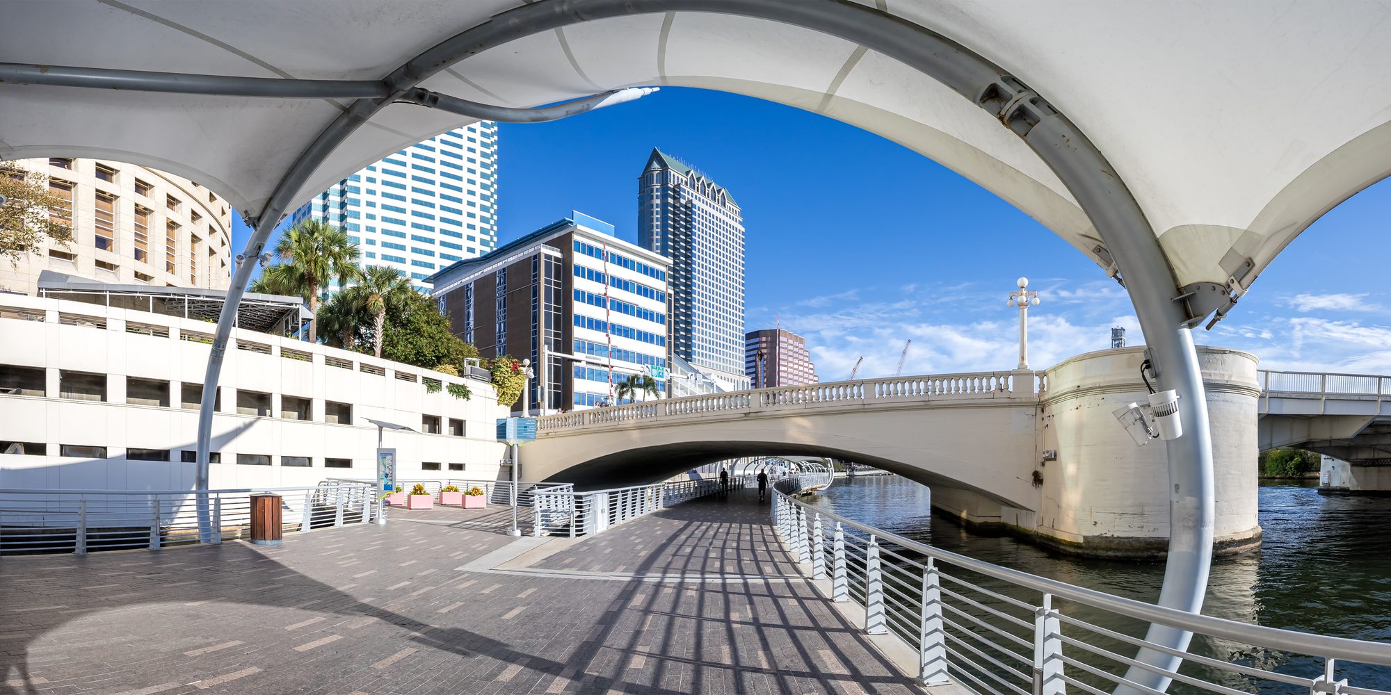 Tampa Riverwalk at Hillsborough River panorama skyline with skyscrapers in downtown Tampa, United States