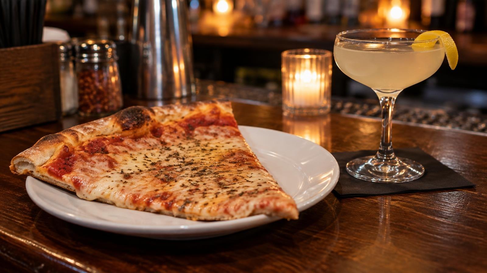 A pizza slice on a white plate beside a cocktail glass on a dark wood bar.