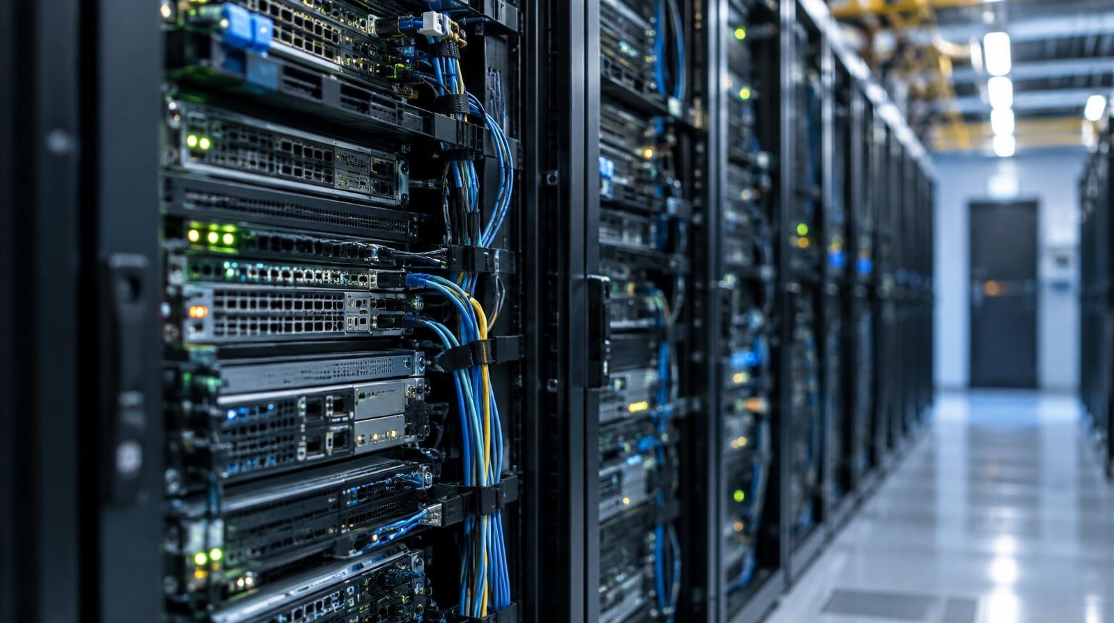 Rows of illuminated server racks with blinking lights in a data center aisle.