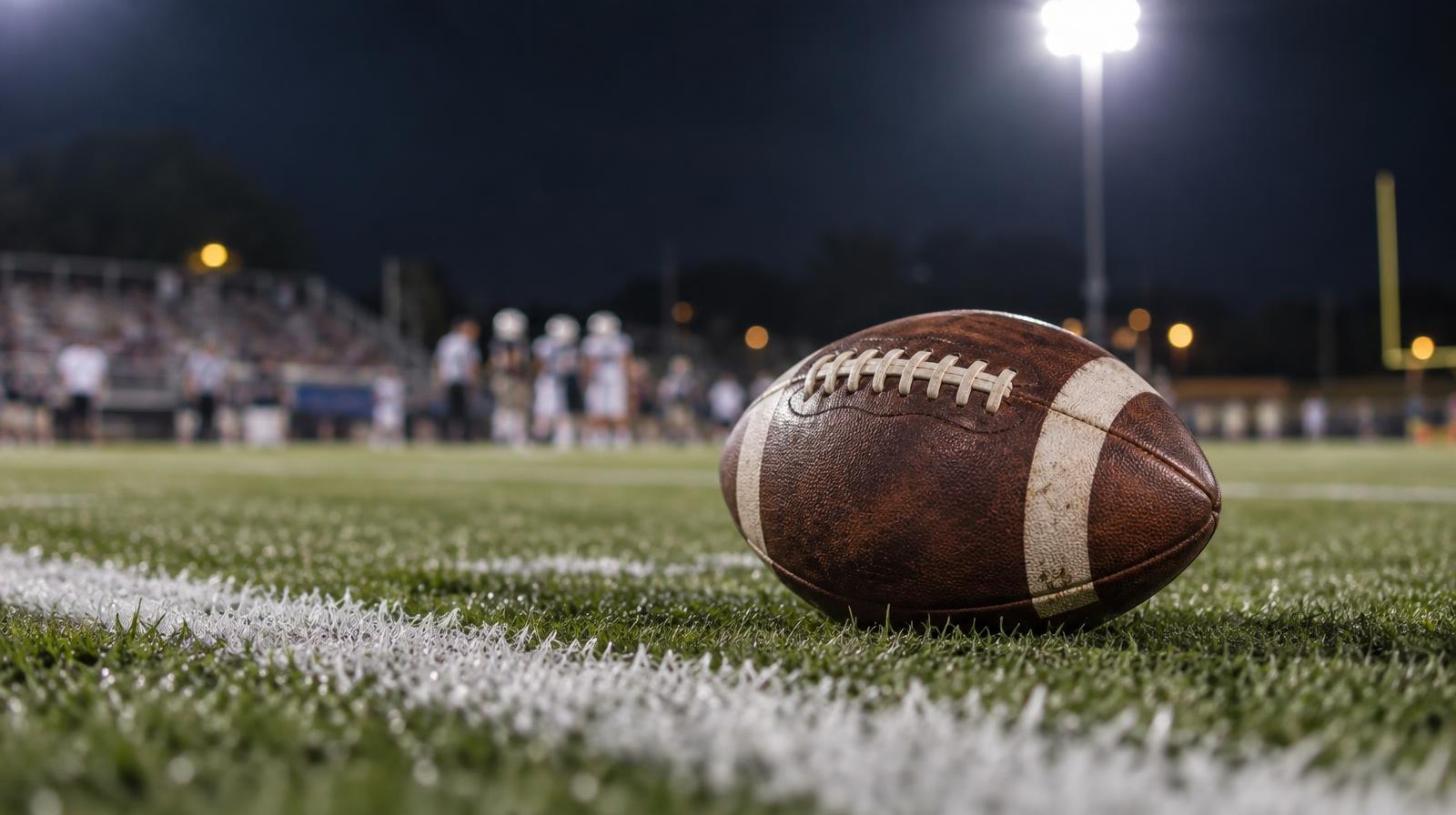 An American football resting on green grass near a white yard line under bright stadium lights.
