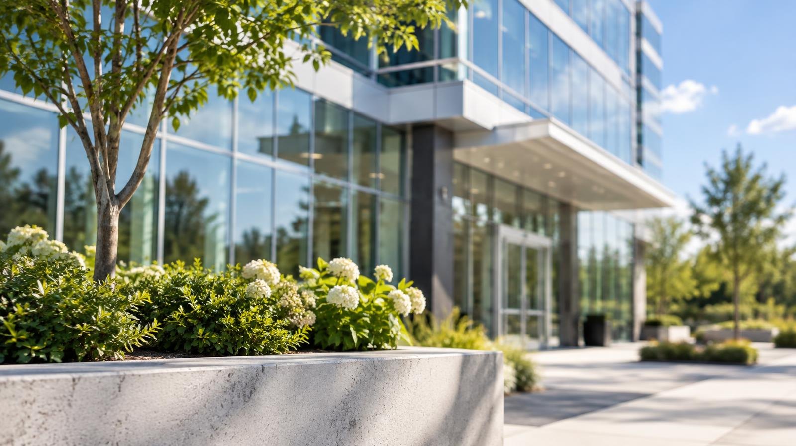 Modern multi-story glass office building with a landscaped plaza under blue sky.