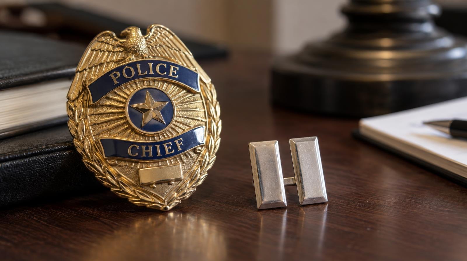 A police badge and silver rank insignia resting on a dark wooden desk.