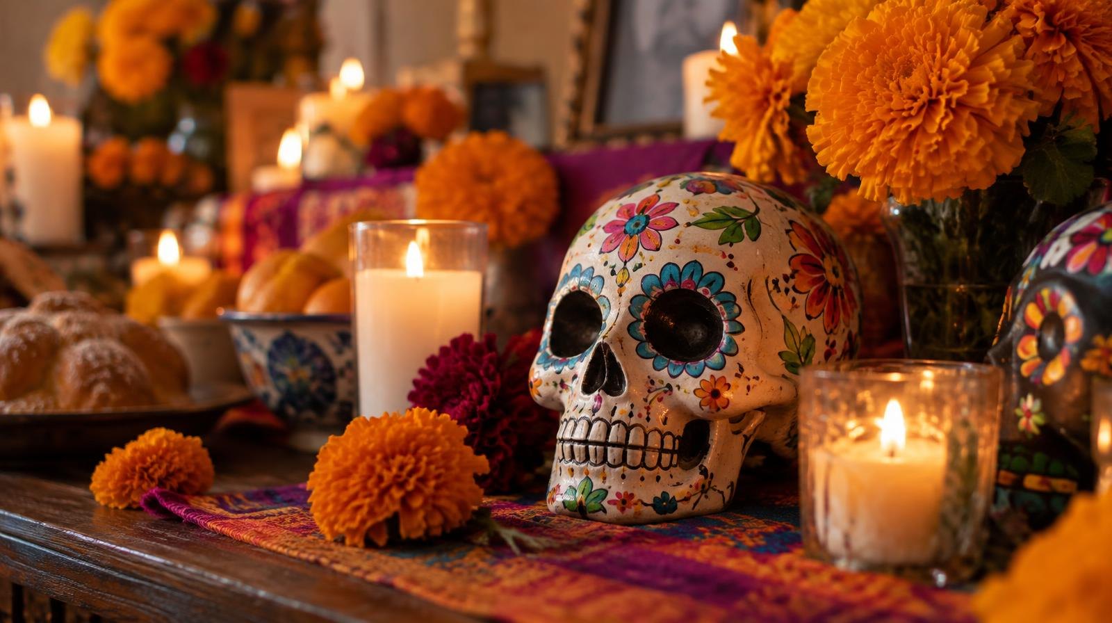 Colorful altar with orange marigolds, candles, and sugar skull decorations