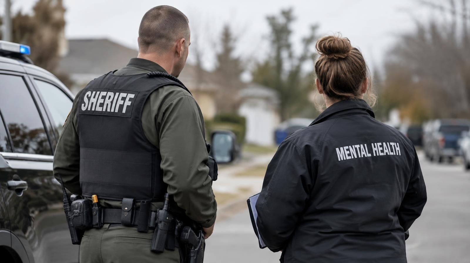 A uniformed deputy and a clinician standing side by side near a patrol vehicle on a suburban street.