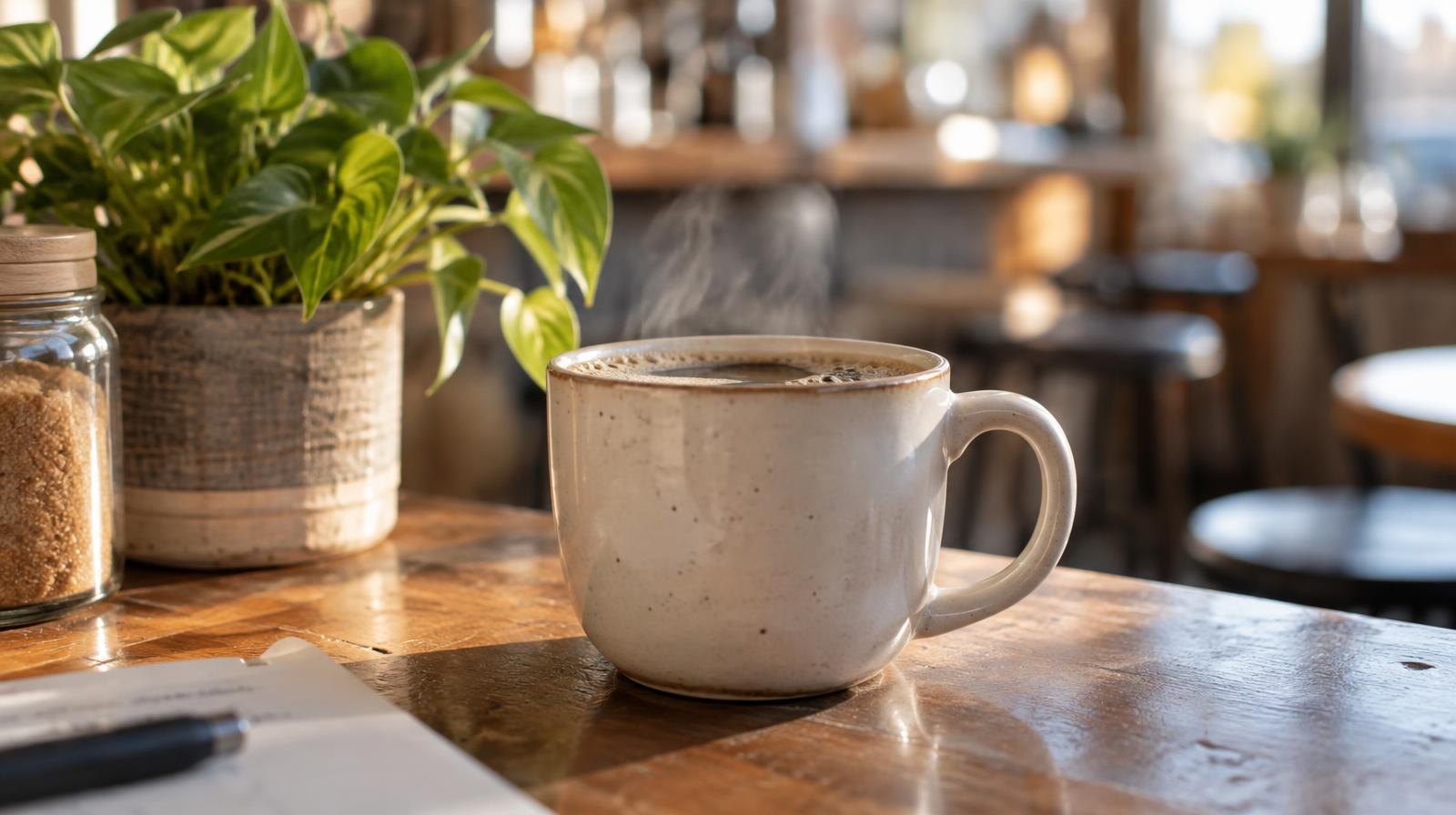 A ceramic coffee cup filled with dark coffee on a wooden counter.
