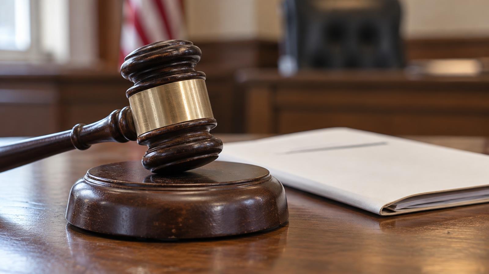 Wooden gavel resting on its sound block beside a folded document on a desk.