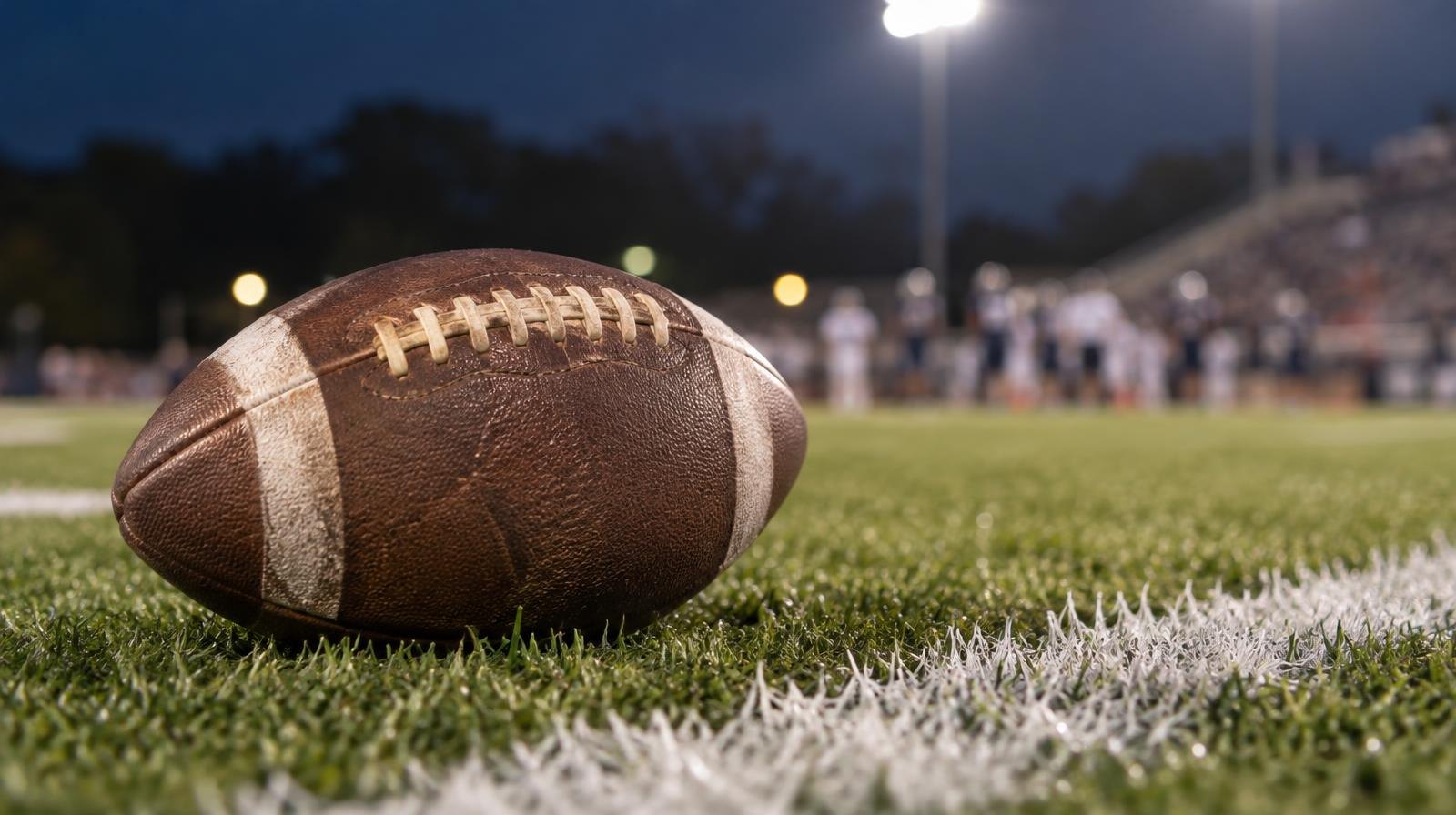 An American football resting on green grass near a white yard line under stadium lights.