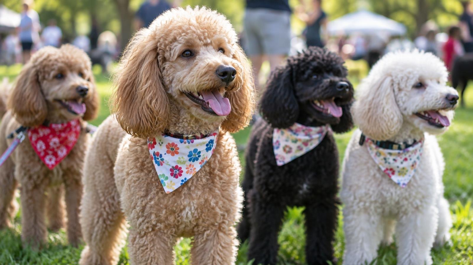 Several colorful poodles wearing bandanas sit together on green grass outdoors.