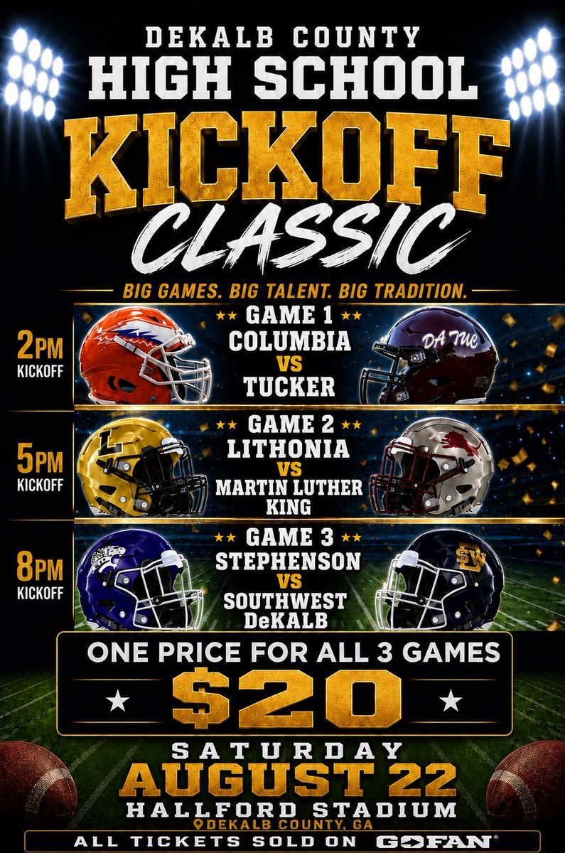Promotional flyer showing three high school football matchups with helmet graphics, game times, and ticket details.
