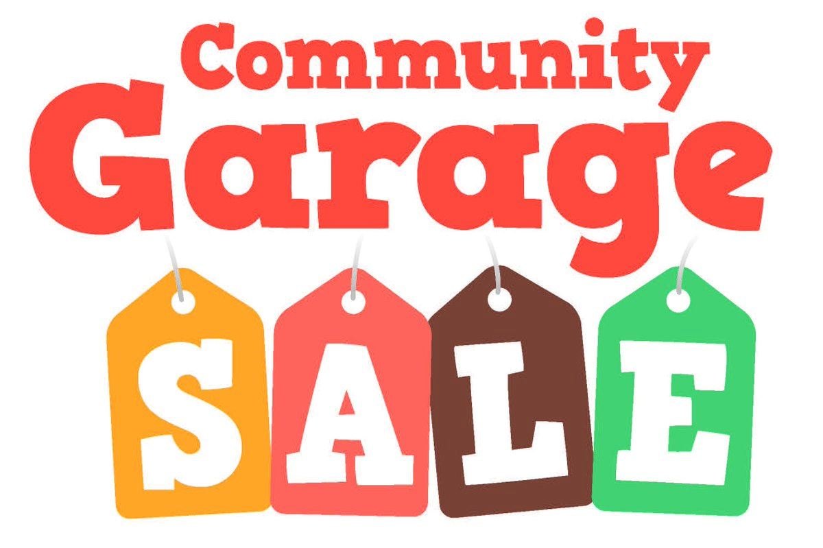Colorful promotional graphic with price-tag icons reading 'Community Garage Sale.'