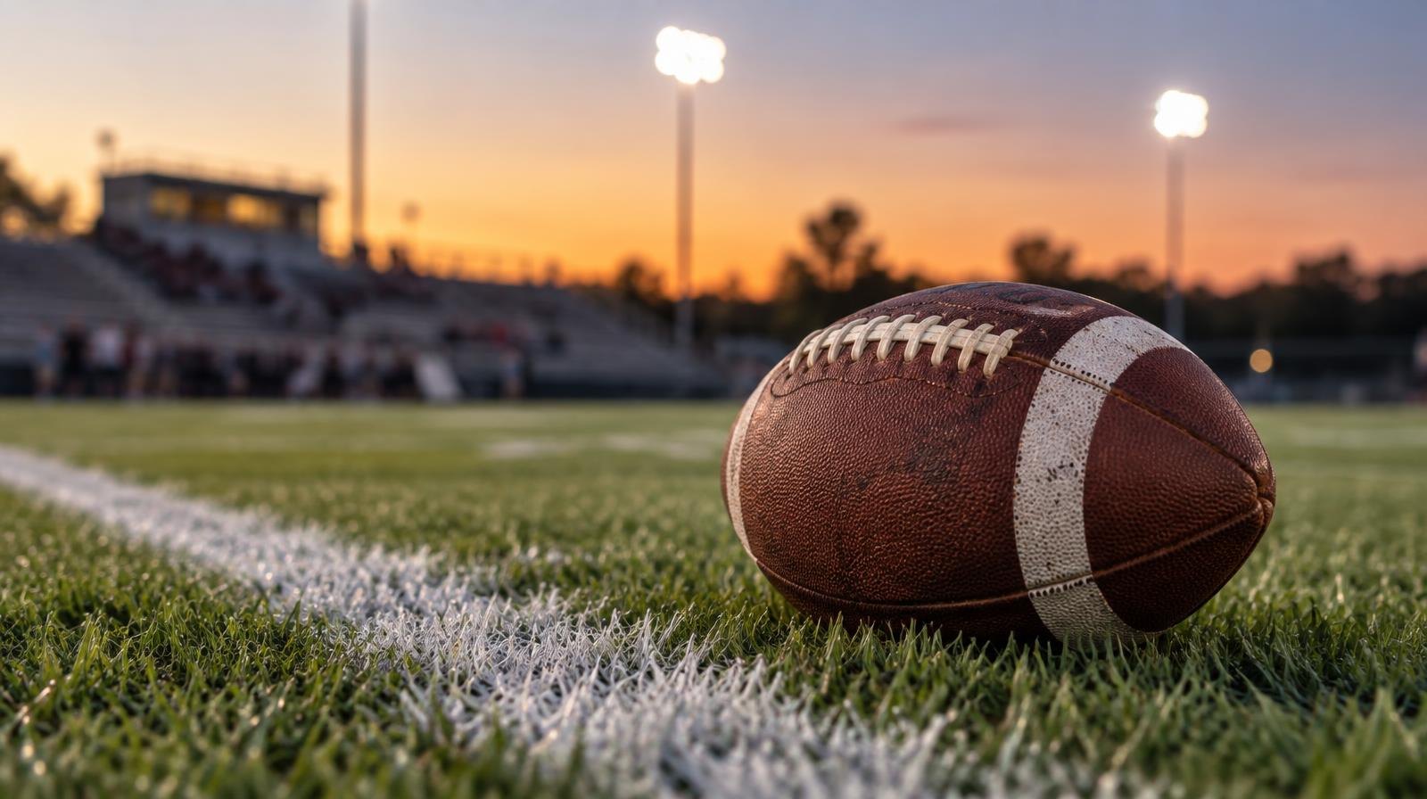 An American football sits on green grass beside a white yard line under glowing stadium lights.