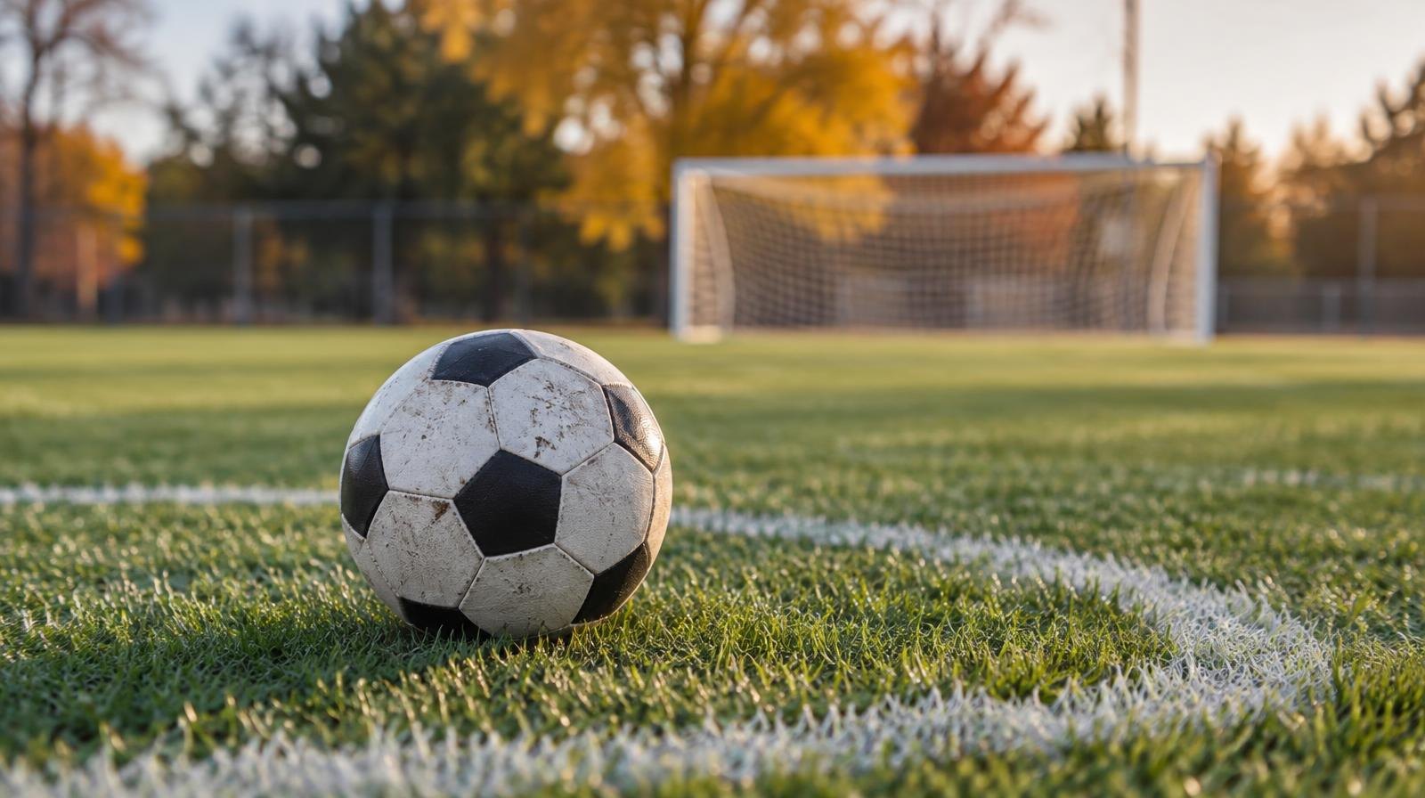 A soccer ball resting on the center circle of a green grass field with a goal in the background.