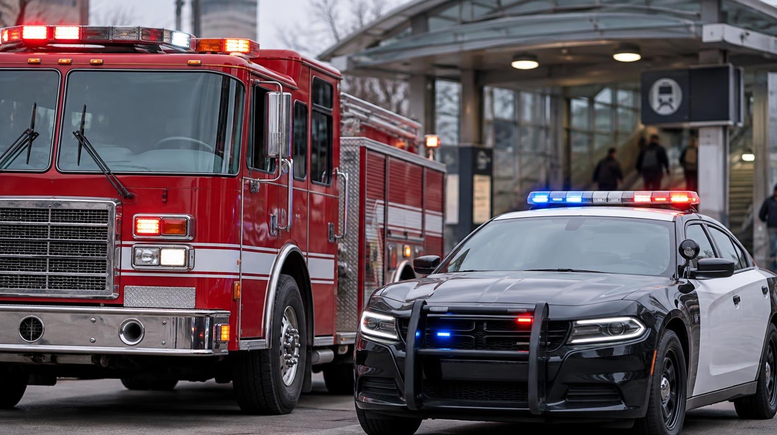 A red fire engine and white police car parked side by side outdoors.