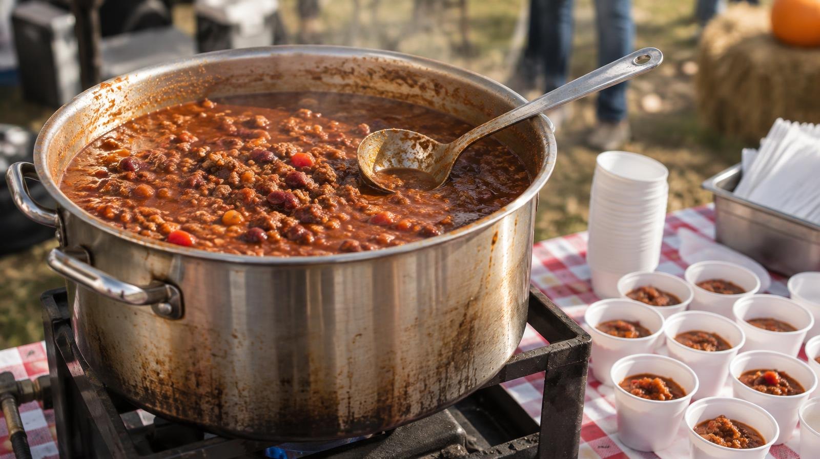A bubbling pot of red chili on a propane burner with a ladle and tasting cups.