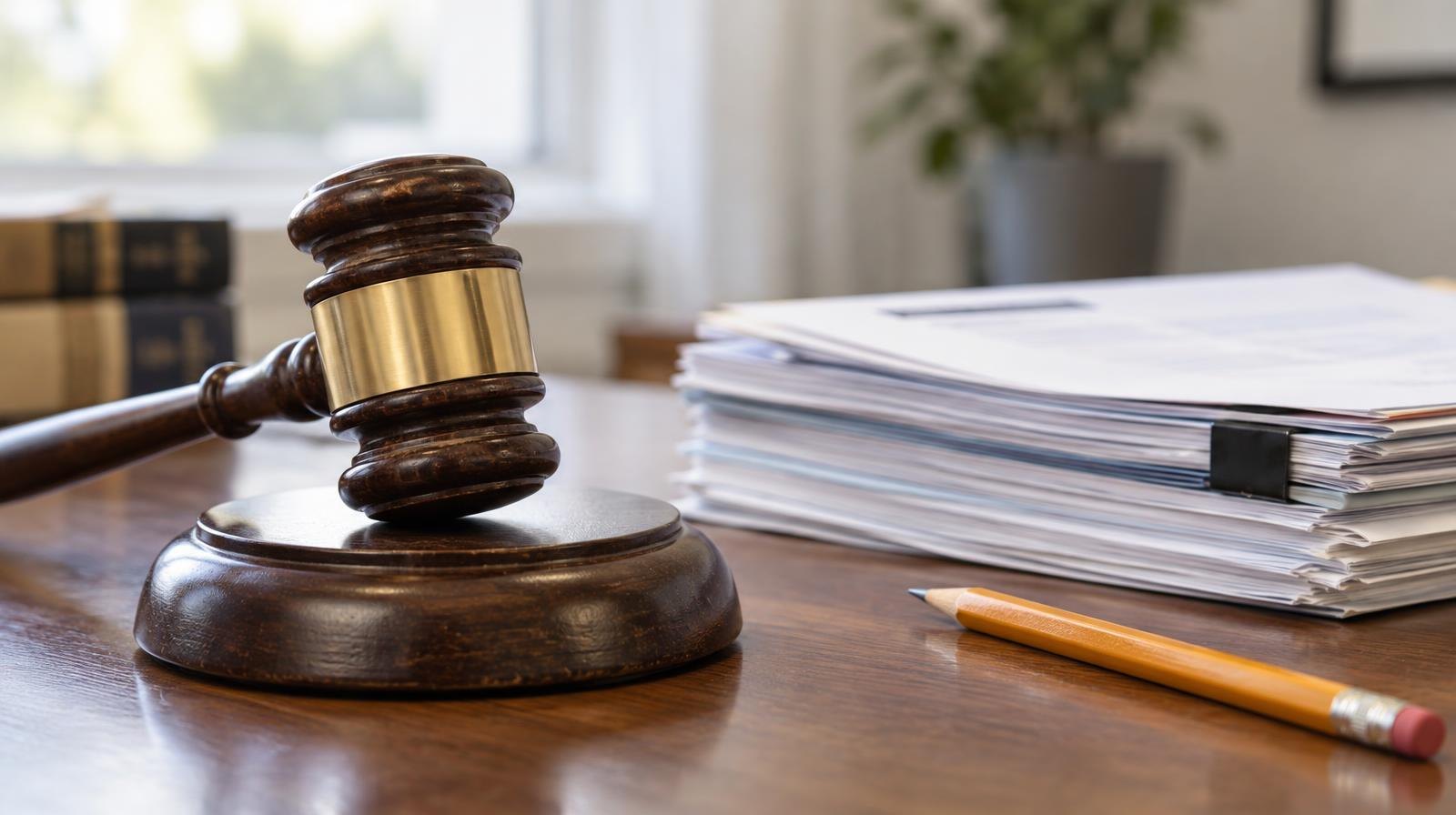Wooden gavel on sound block beside stacked documents and a pencil on a desk.