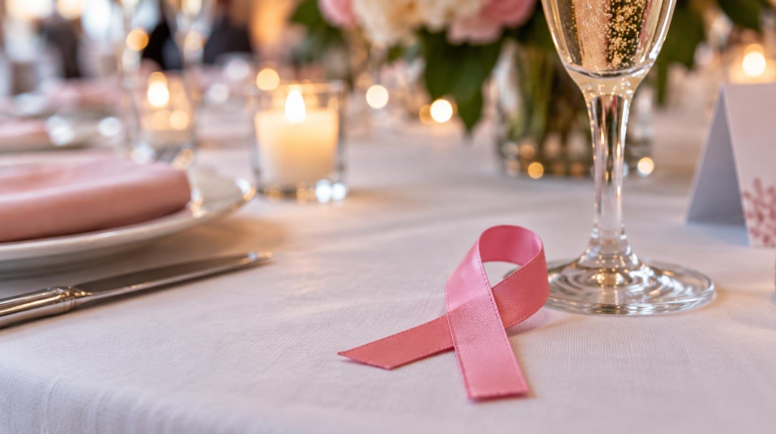 A pink ribbon resting on a white linen tablecloth beside a champagne flute.