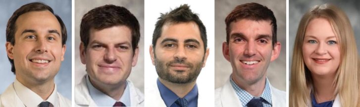 Five professional headshots in a row showing four men and one woman in white coats or professional attire.