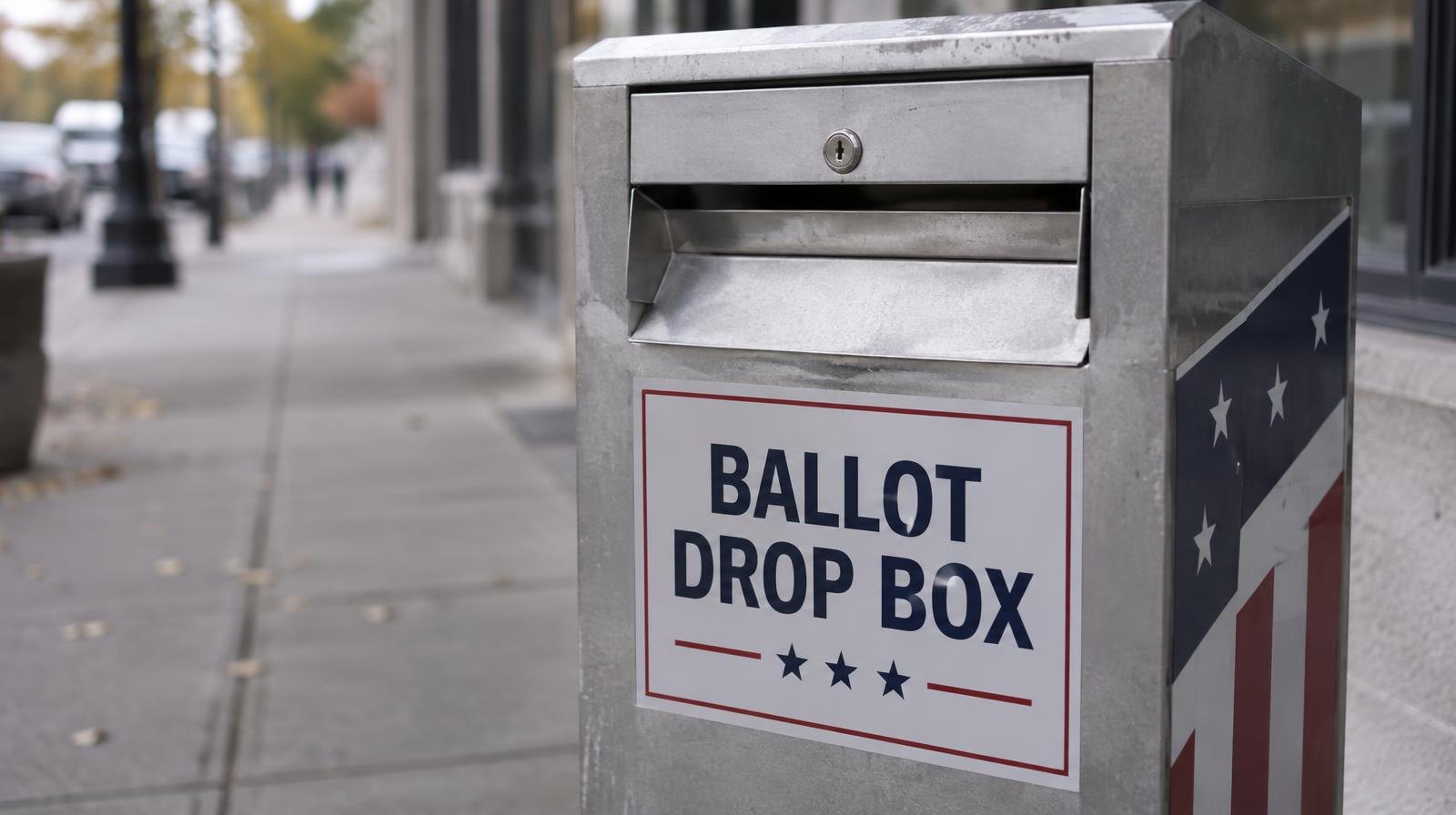 A metal ballot drop box with a deposit slot on an urban sidewalk.