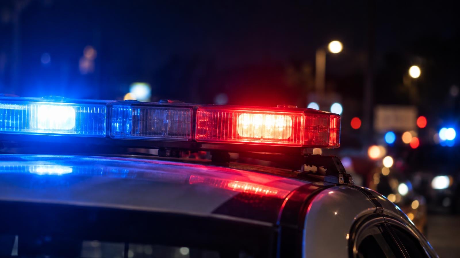 Red and blue emergency lights on a police cruiser roof bar glowing in the dark.