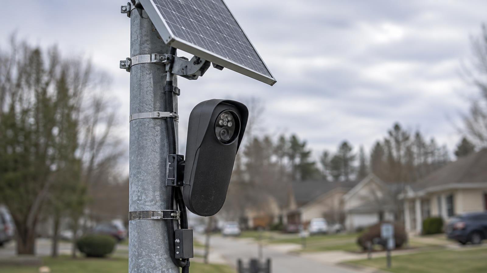 License plate reader camera on a pole with a solar panel at a street corner.