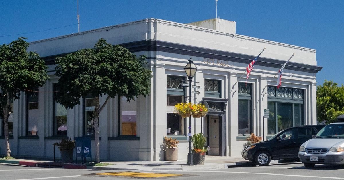 Two-story neoclassical civic building with columns, two flagpoles, and a street lamp on a sunny day