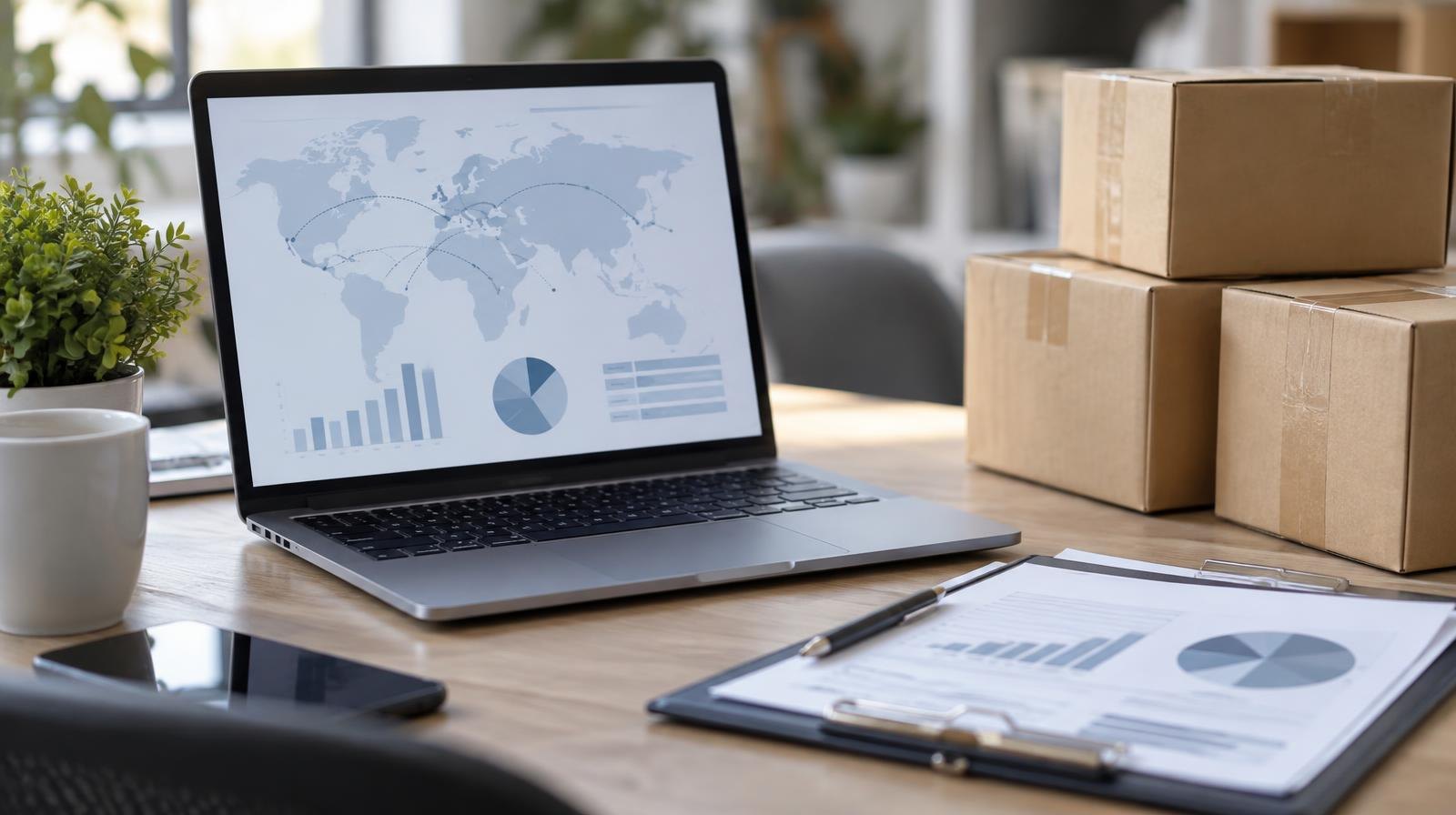 Open laptop beside small shipping boxes and a clipboard on a desk.