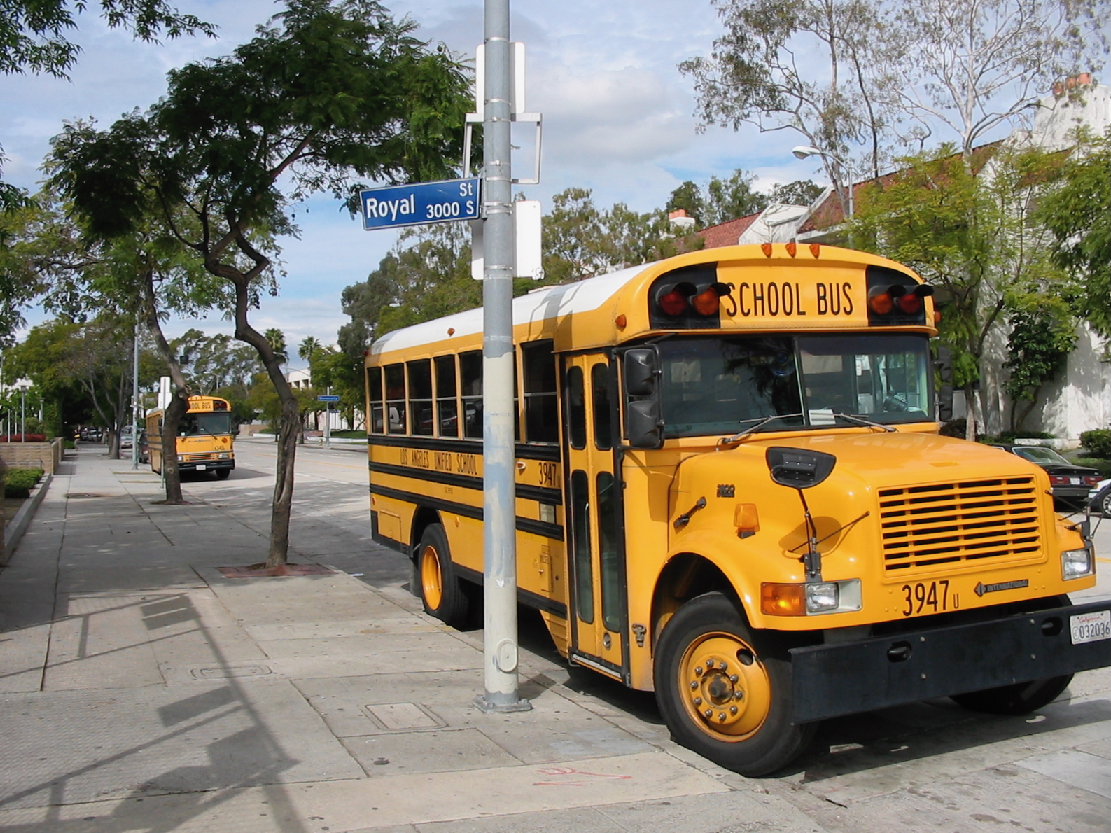 A yellow school bus parked on a residential street with another bus visible behind it.