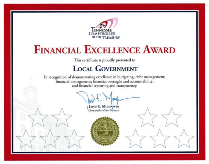Framed certificate titled Financial Excellence Award with a gold embossed seal and decorative stars.