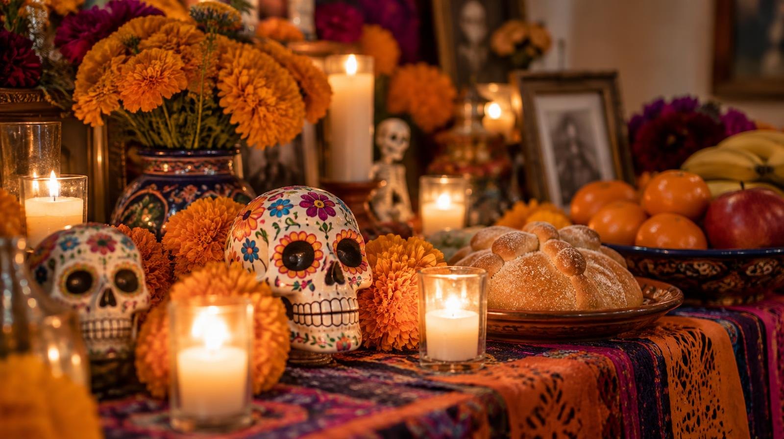 A colorful altar with marigold flowers, lit candles, and decorative sugar skulls.