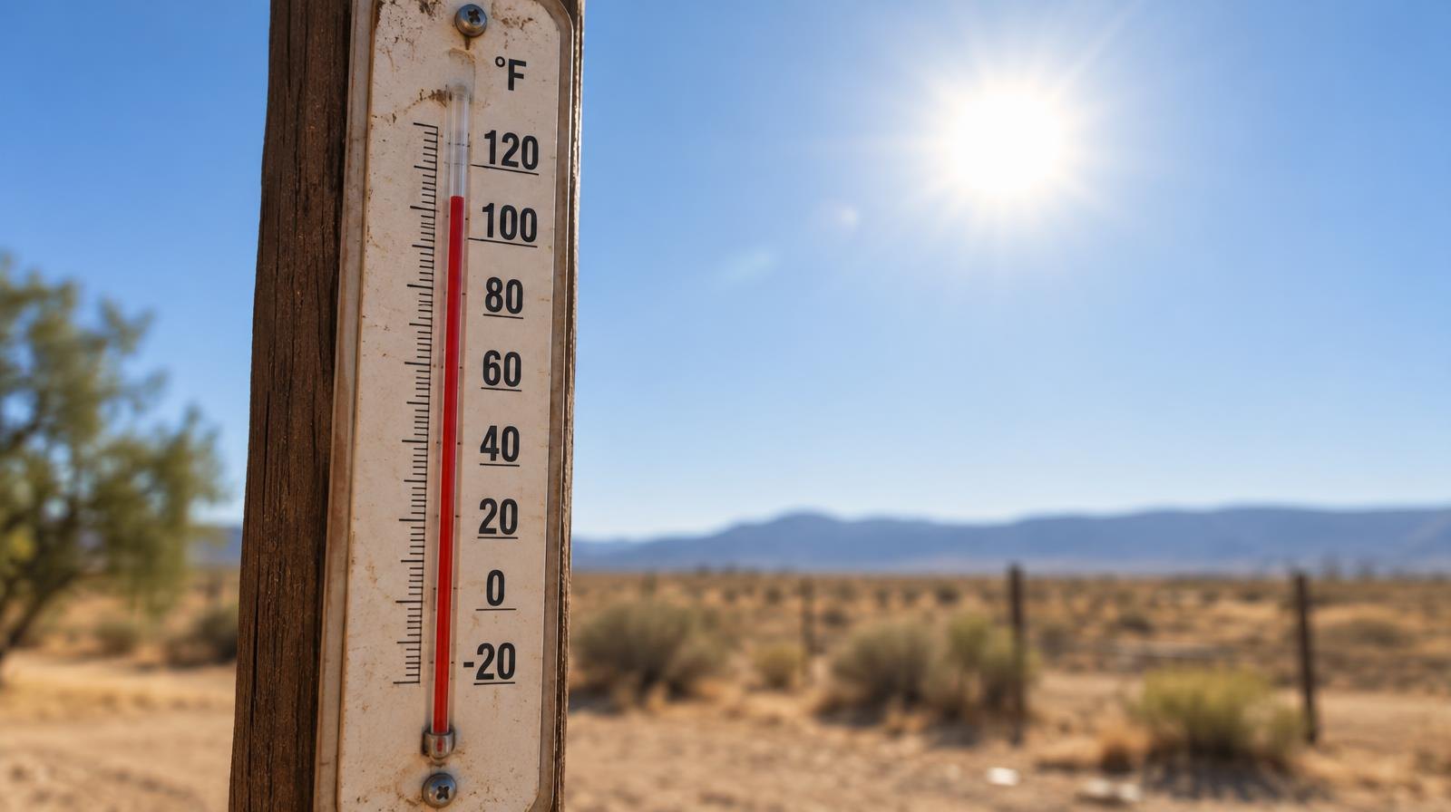 Outdoor thermometer on a wooden post under a bright sun in a dry landscape.