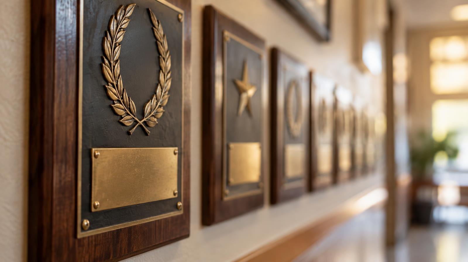 A row of framed achievement plaques mounted on a wall under warm lighting.