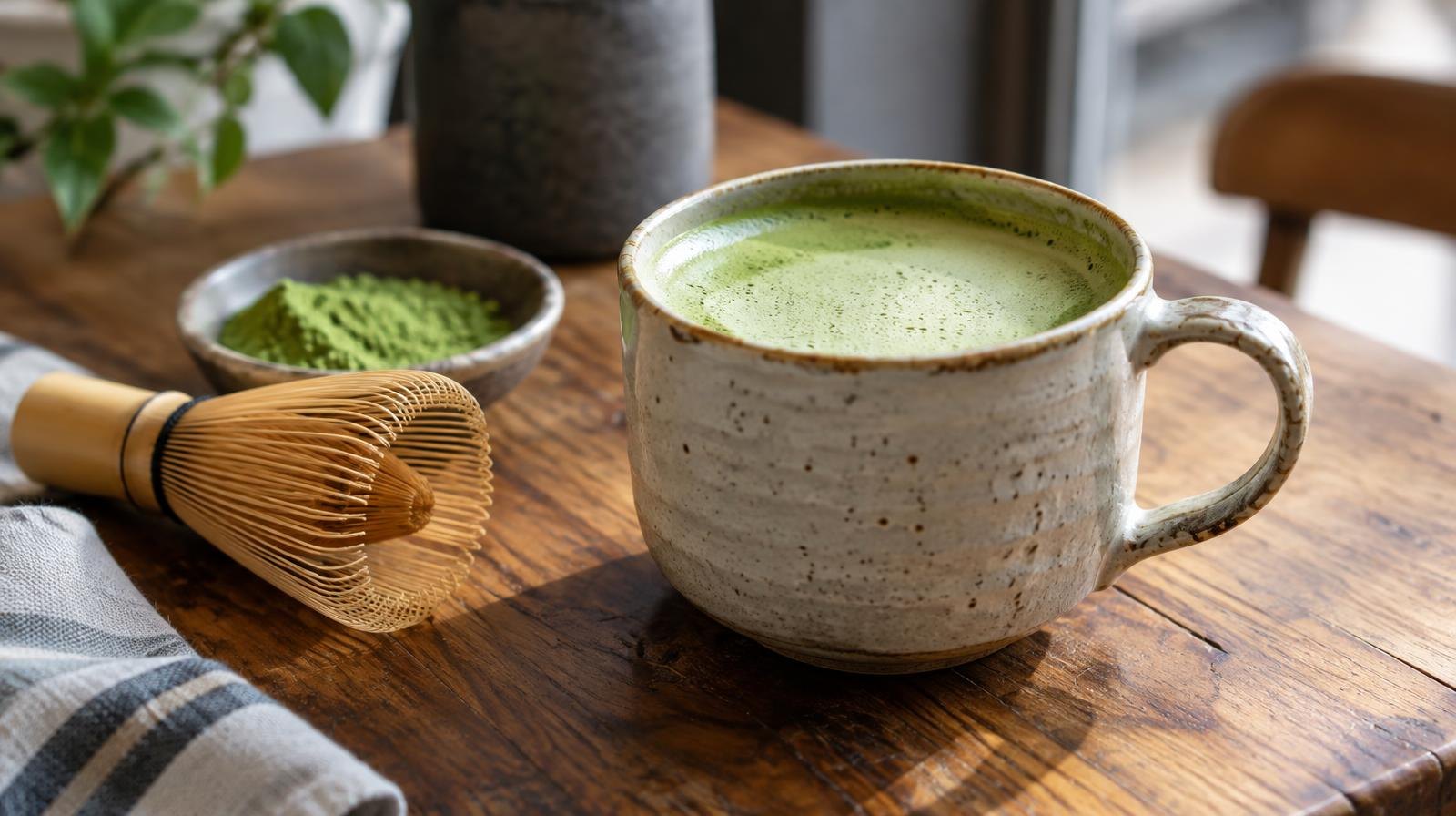 A ceramic cup of frothy green matcha tea beside a bamboo whisk on a wooden surface.
