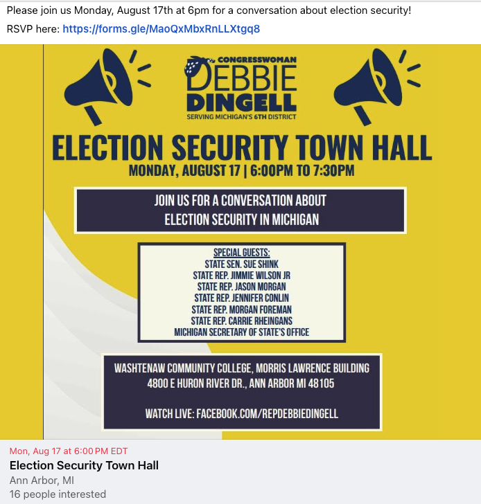 Flyer for Rep. Debbie Dingell's Election Security Town Hall, Monday, Aug. 17, 6-7:30 p.m. at Washtenaw Community College's Morris Lawrence Building in Ann Arbor.