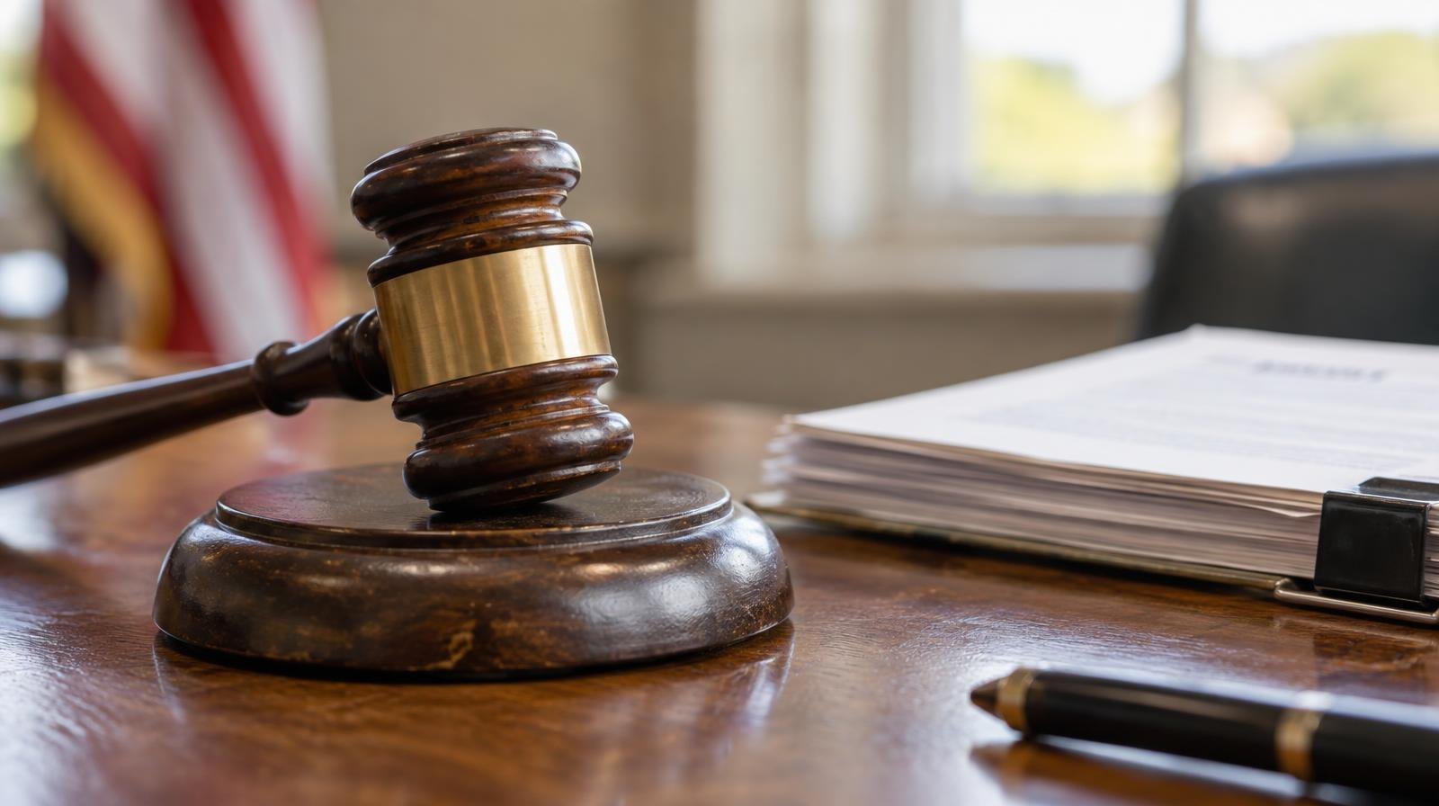 Wooden gavel on its sound block next to stacked papers on a table.