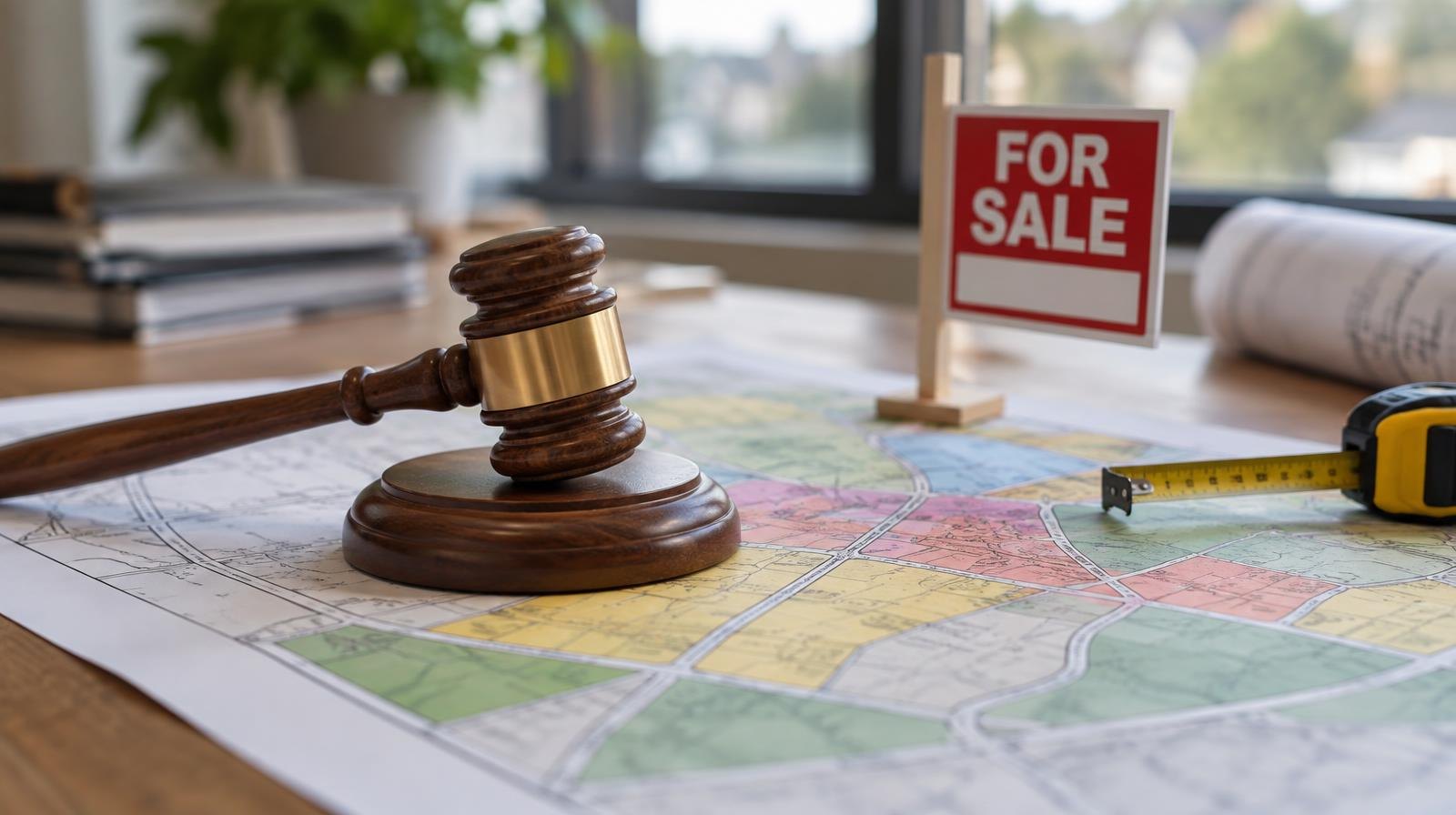 A wooden gavel resting on a spread-out map with a measuring tape nearby.